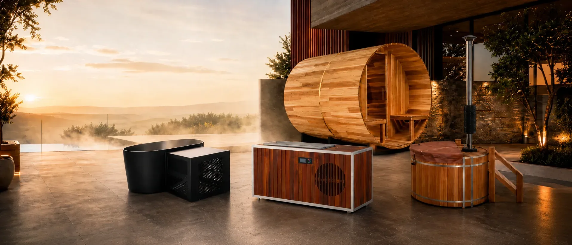 ICEMEND sauna, cold plunge and wood hot tub product family banner for commercial wellness sourcing.