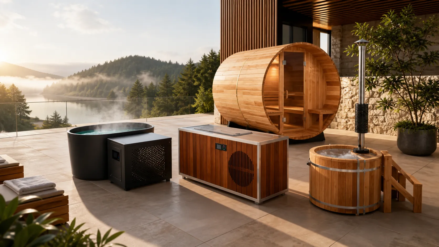 ICEMEND sauna room, cold plunge tub and chiller scene for commercial wellness buyer articles.