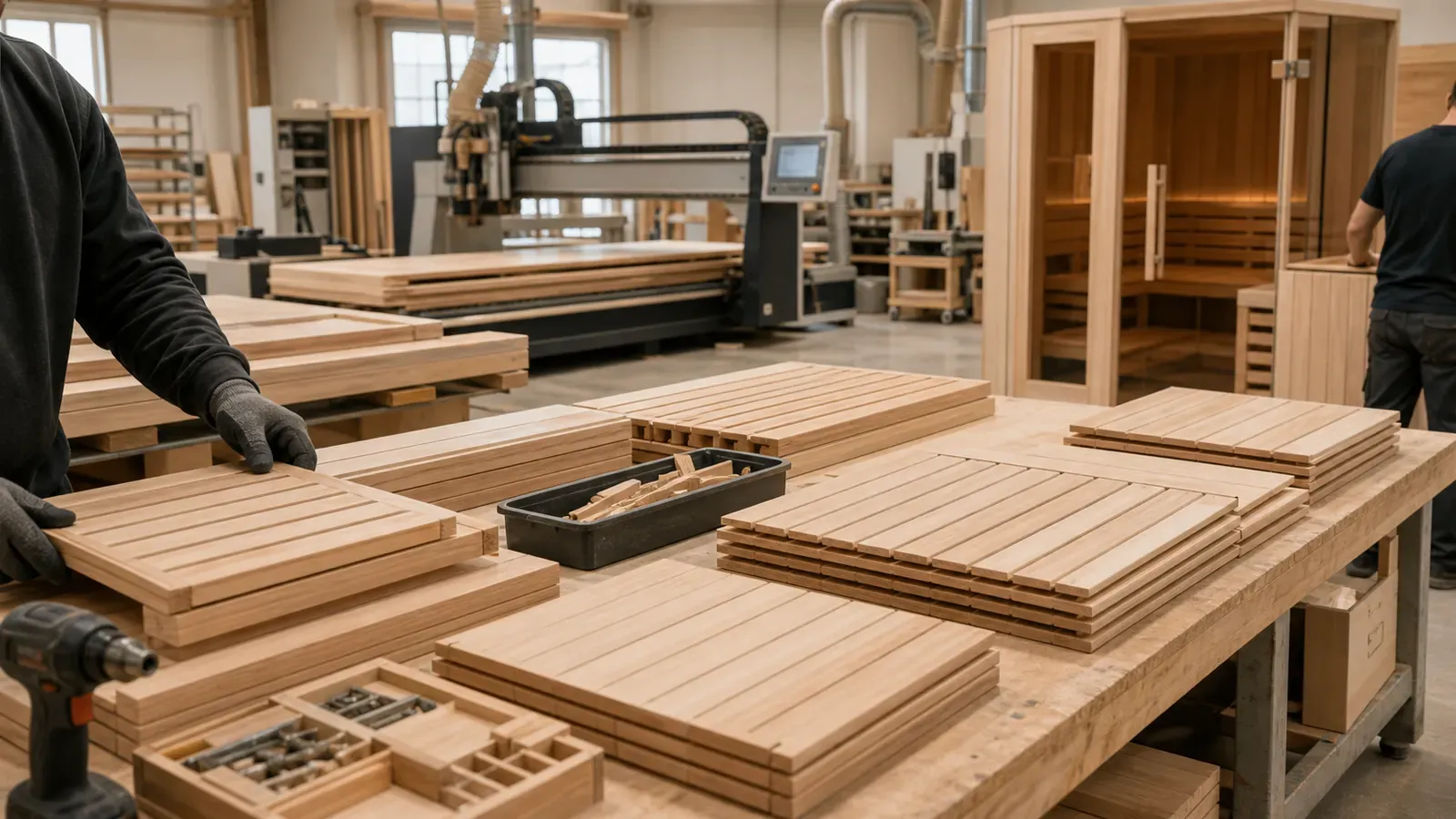 ICEMEND production workflow visual for sauna and cold plunge equipment.